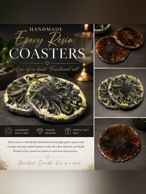 Handmade Epoxy Resin Coasters - Black & Silver Marble Set